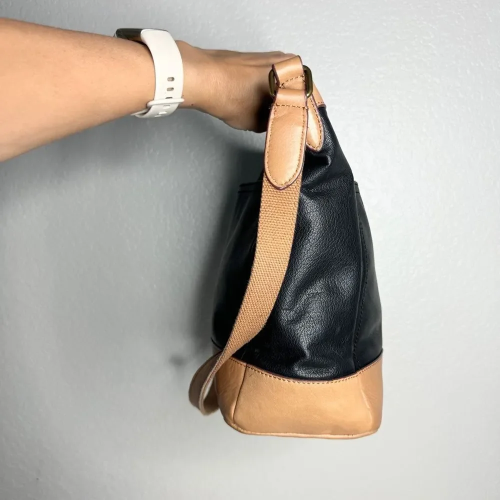 Margot black tan Colorblock Supple Leather Shoulder Bag Soft Slouchy Classic